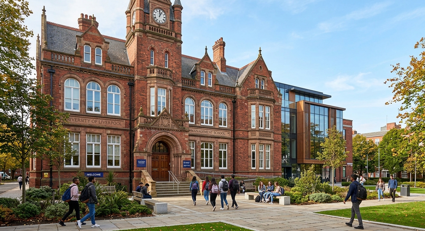 Chatham Building exterior, University of Liverpool Management School, red brick Victorian architecture with arched windows, modern extension visible, landscaped entrance with students