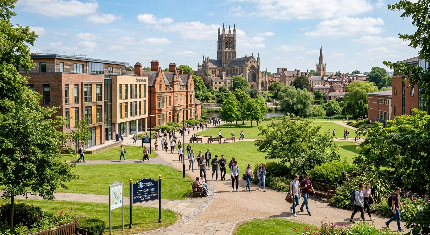 University of Worcester campus with historic cathedral city backdrop, green parkland setting, modern academic buildings alongside traditional architecture, students walking through campus on a sunny day