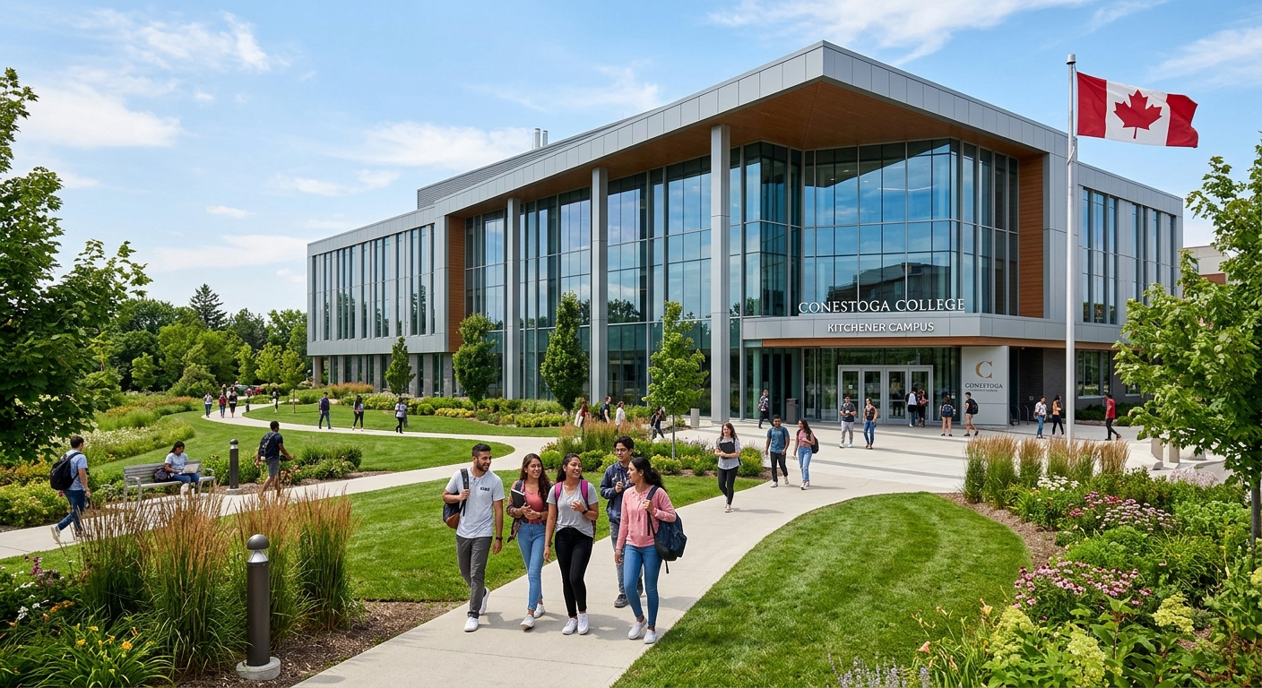 Modern Conestoga College campus building in Kitchener, Ontario with students walking through green landscaped pathways, Canadian flag visible, contemporary architecture with large glass windows reflecting a clear sky