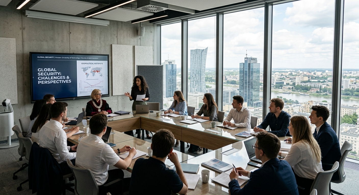 Modern university building interior at the Palace of Culture and Science in Warsaw Poland, students in a seminar room discussing global security topics, large windows with panoramic city views, professional academic atmosphere