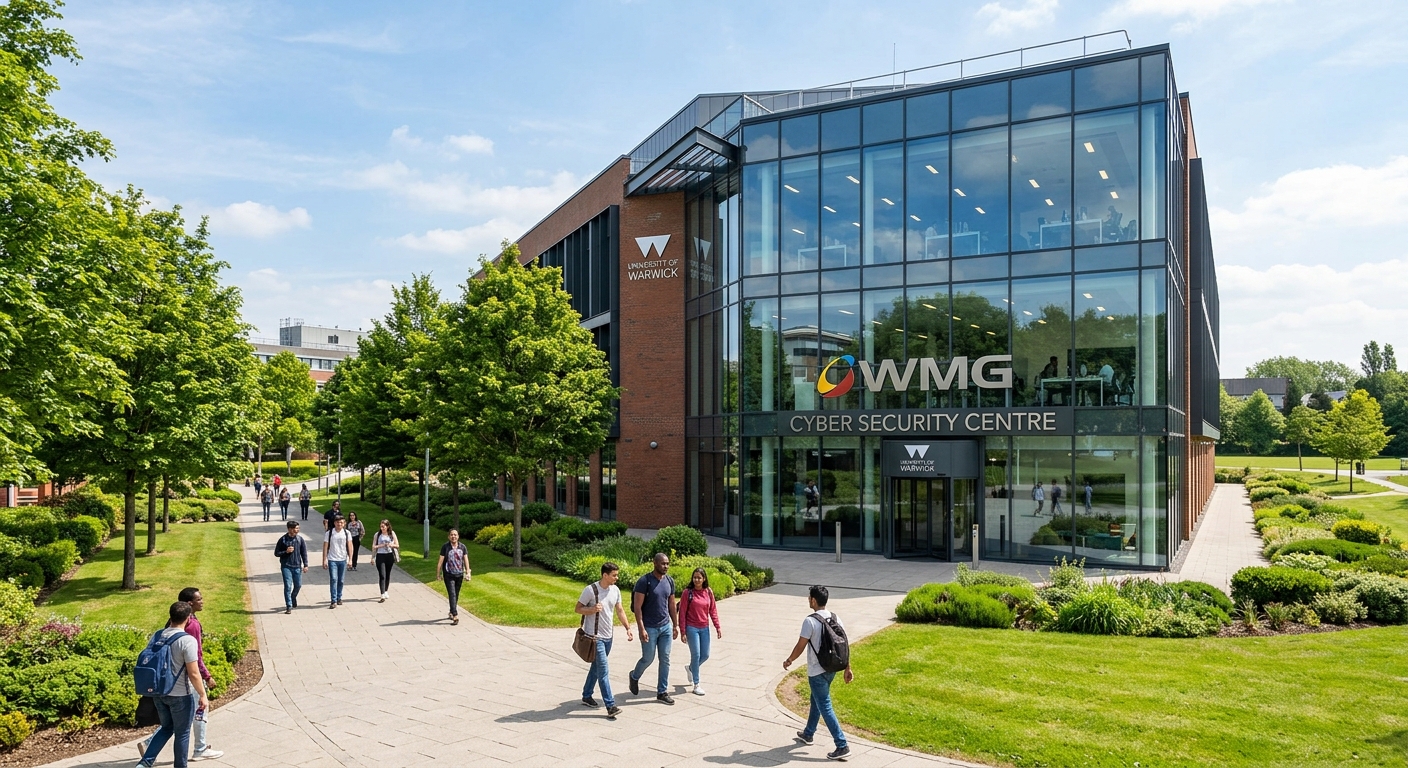 Modern university campus building with glass facade housing the WMG Cyber Security Centre at the University of Warwick, students walking along tree-lined pathways, bright daylight with green landscaped grounds in Coventry, United Kingdom