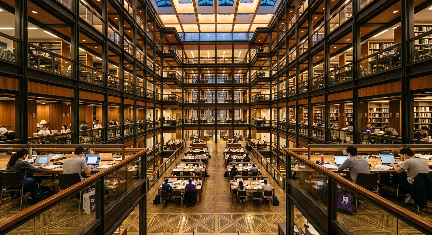 Elmer Holmes Bobst Library interior, dramatic multi-story atrium with geometric balconies, warm lighting, students studying at modern desks
