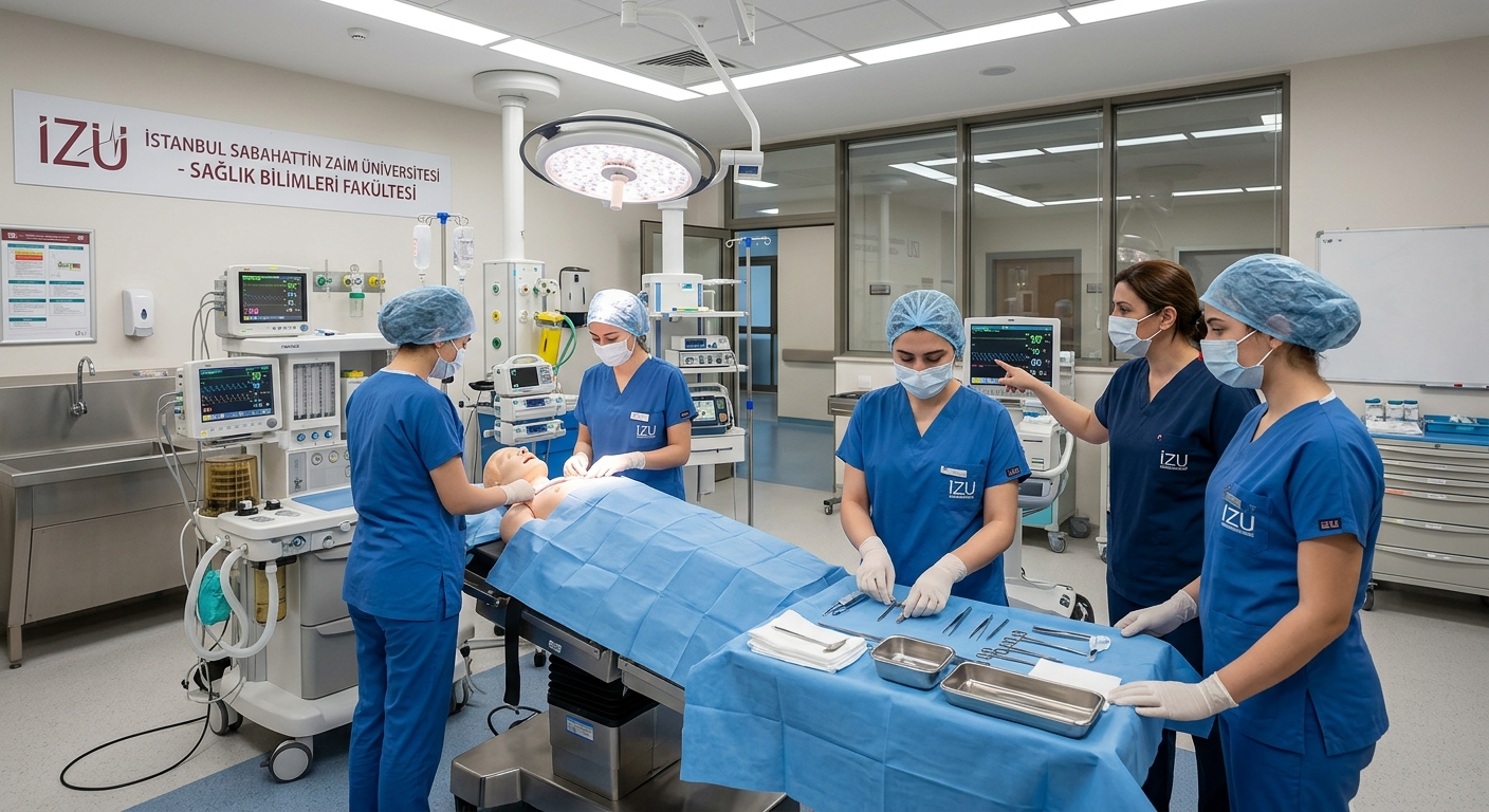 Modern university health sciences building at Istanbul Sabahattin Zaim University, nursing students in clinical simulation lab practicing surgical care techniques, bright hospital-style lighting with medical equipment visible