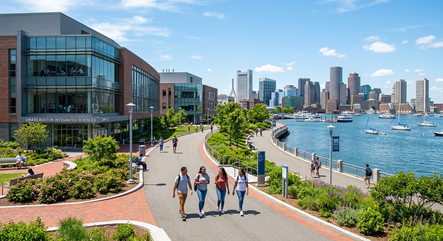 UMass Boston waterfront campus with modern science buildings overlooking Boston Harbor, students walking along pathways with city skyline in the background, bright sunny day
