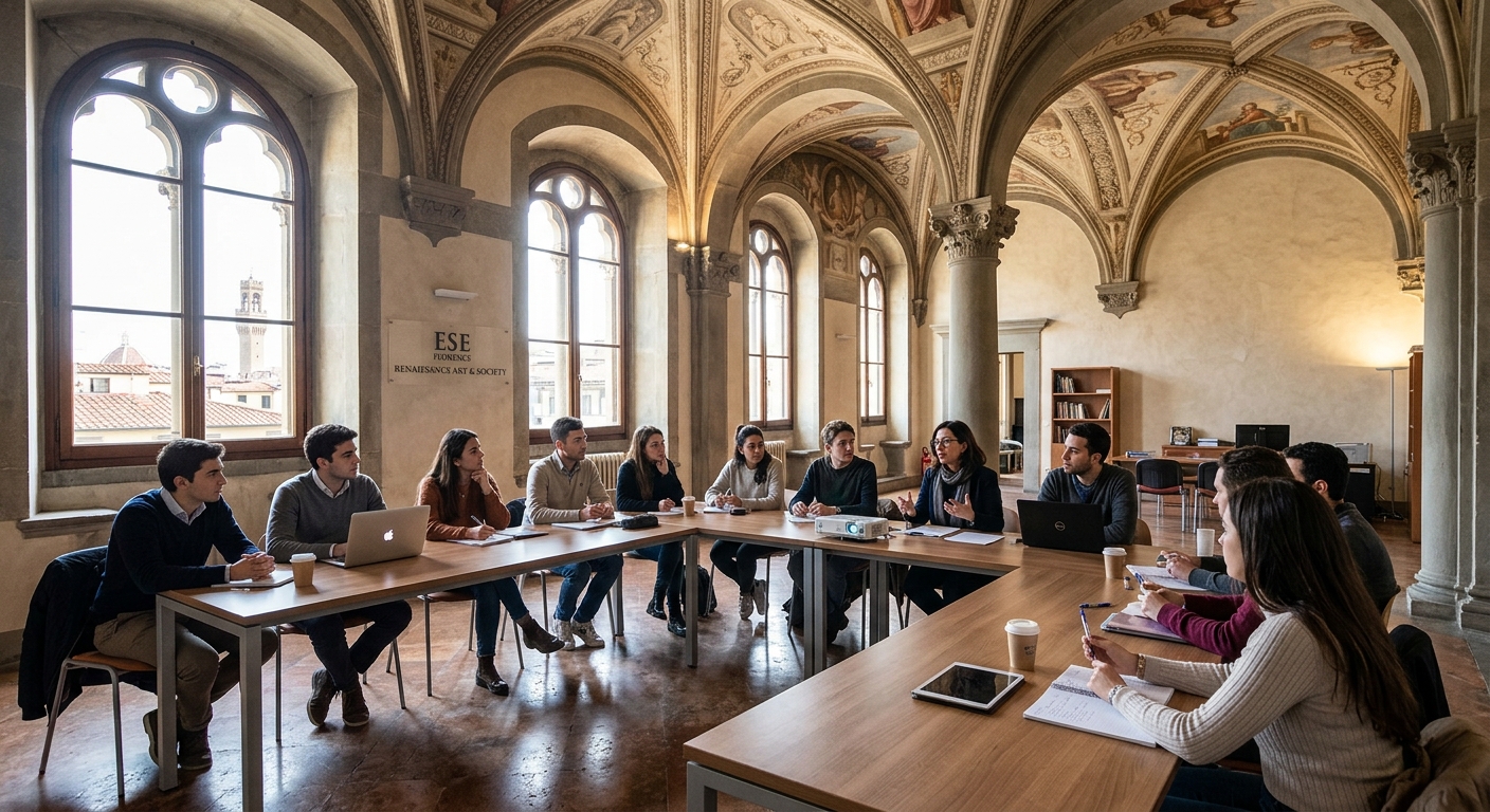 ESE Florence campus interior, Renaissance palazzo with vaulted ceilings, modern classroom setup, students in a seminar-style discussion, natural light streaming through tall windows