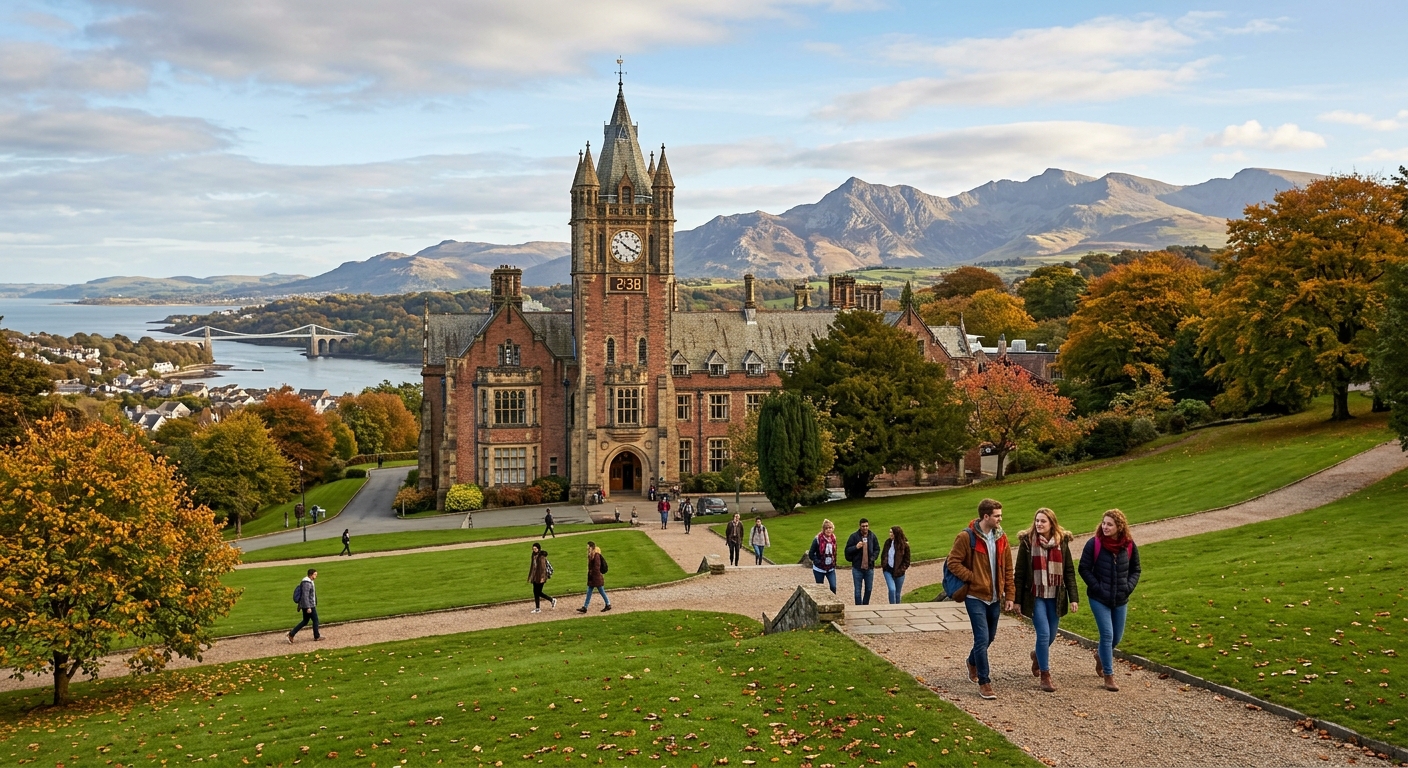 Bangor University historic main building with clock tower surrounded by green lawns, set against the dramatic backdrop of Snowdonia mountains and North Wales coastline, students walking on pathways in autumn light