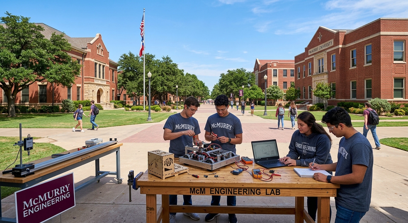 McMurry University campus in Abilene Texas with red brick academic buildings, physics laboratory equipment, students working on engineering projects, clear blue Texas sky