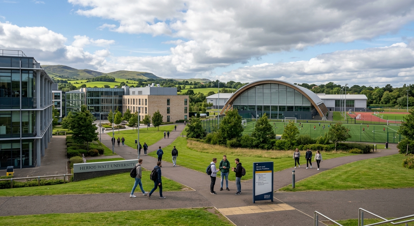 Heriot-Watt University Edinburgh campus with Oriam Scotland's Sport Performance Centre in the background, modern sports facilities surrounded by green parkland, students walking between buildings under a partly cloudy Scottish sky