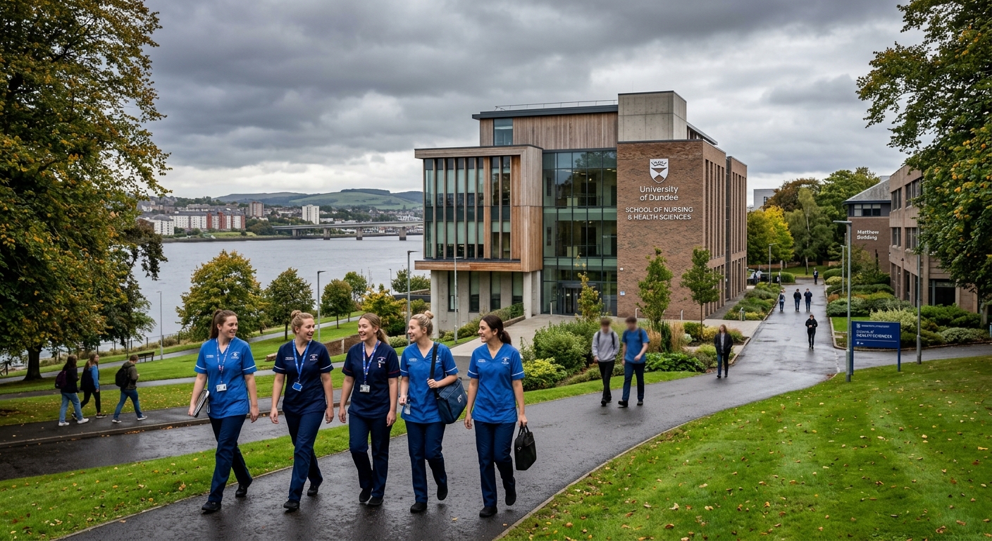 University of Dundee campus with modern health sciences building, nursing students in professional attire walking along tree-lined pathways, River Tay visible in the background, overcast Scottish sky