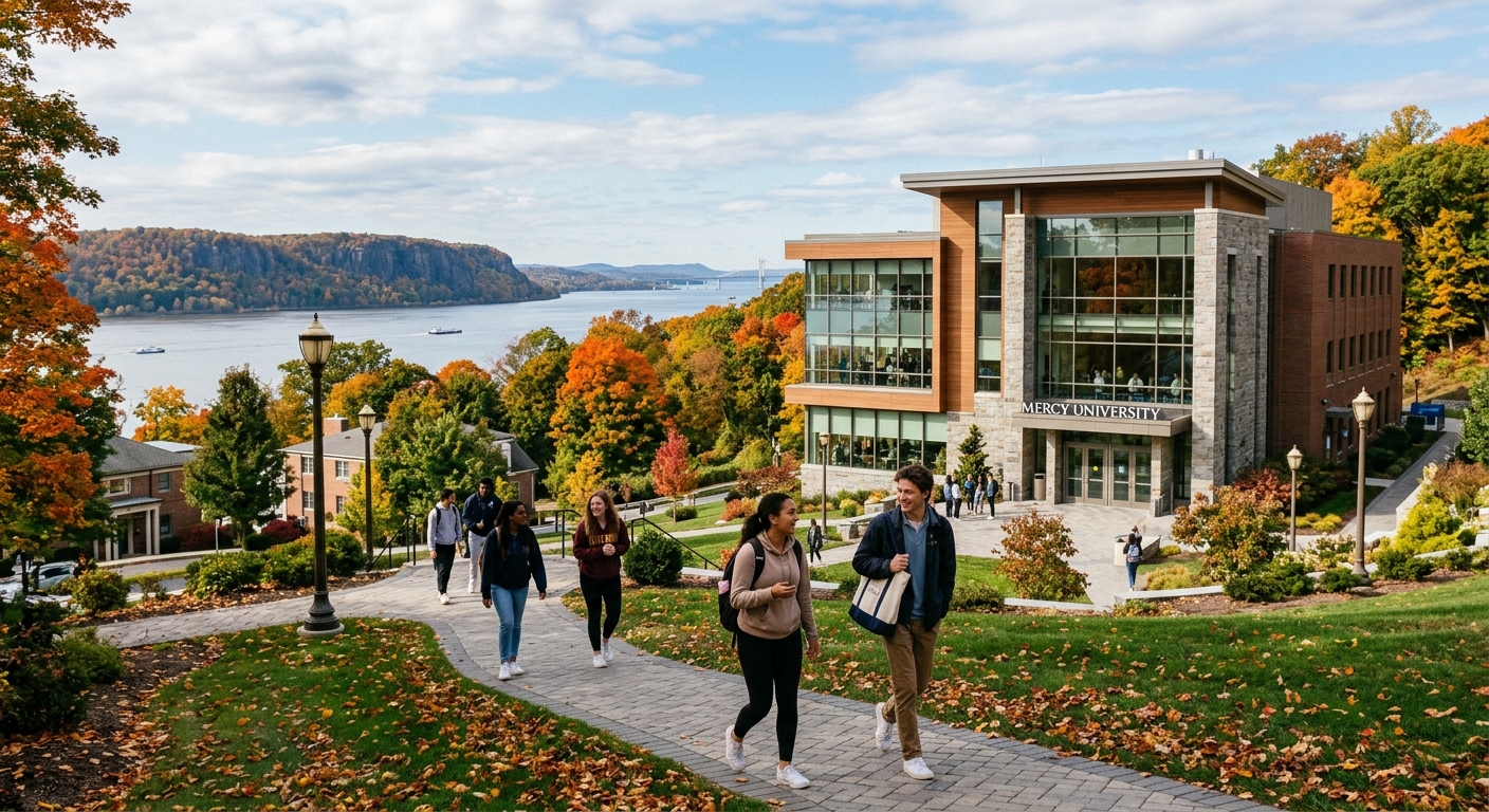 Mercy University campus in Dobbs Ferry New York, modern academic building surrounded by green trees along the Hudson River, students walking on pathways, autumn foliage, suburban collegiate setting