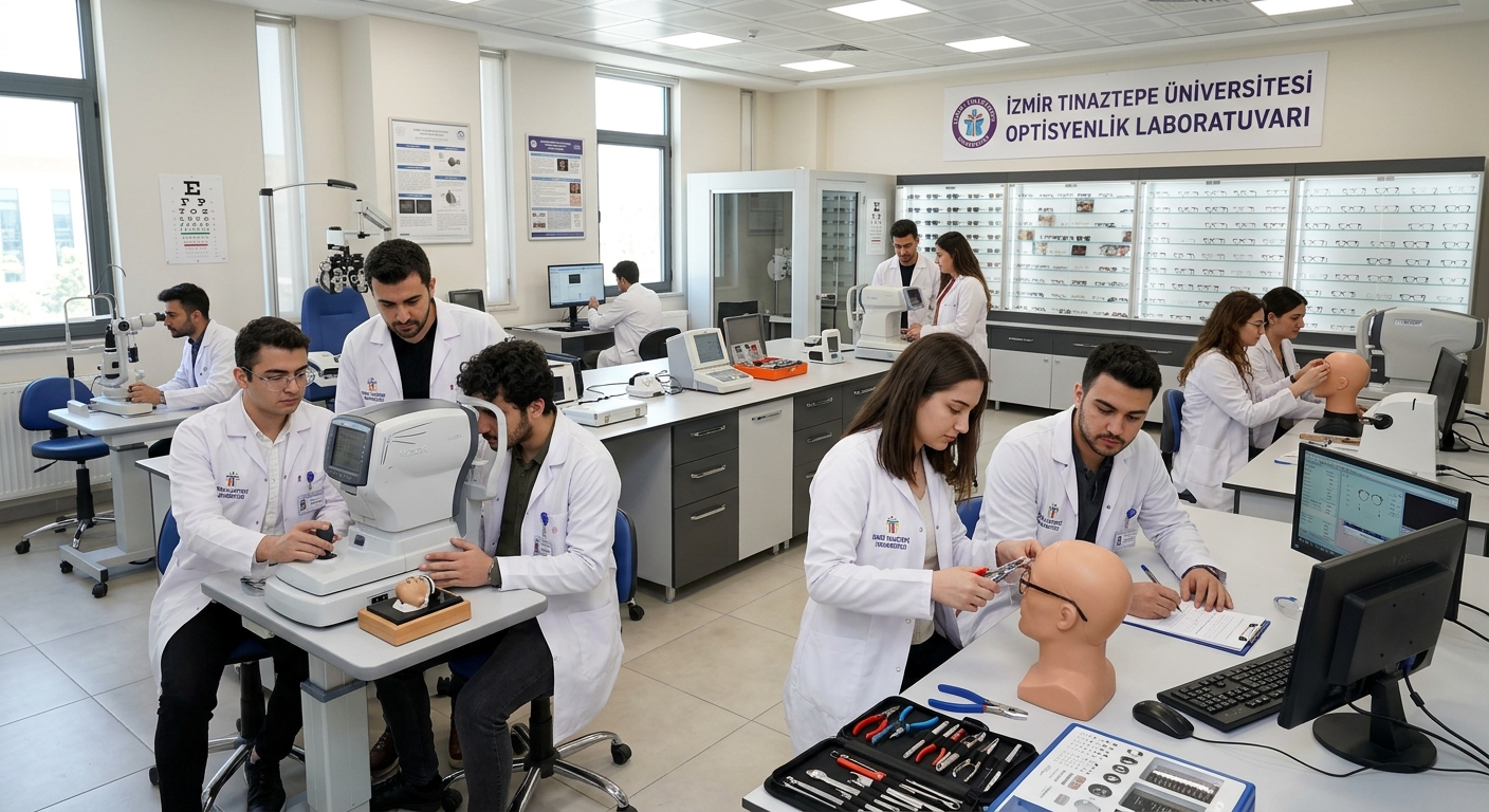 Modern optician laboratory at İzmir Tınaztepe University campus, students practicing lens fitting and optical instrument calibration, bright clinical environment with eyewear display cases and refraction equipment