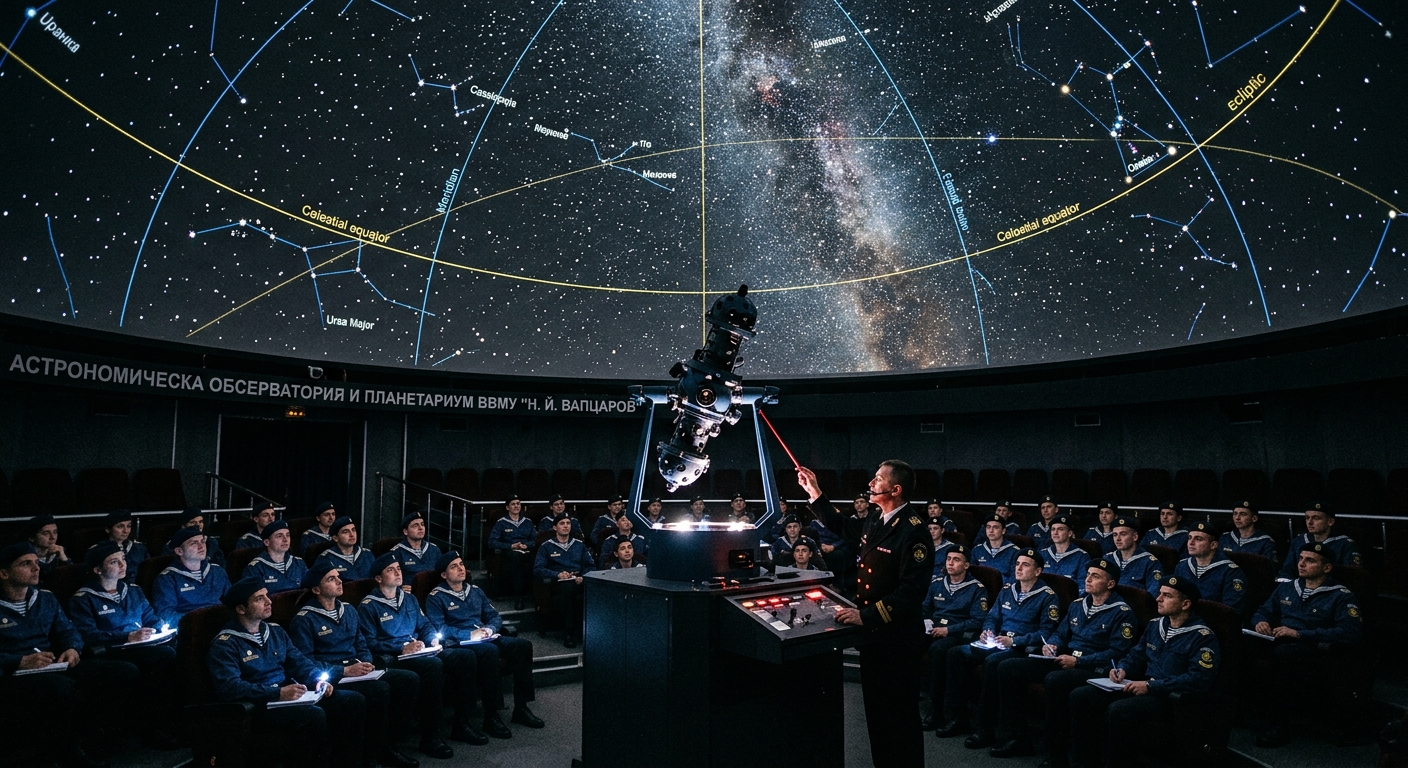 Large domed planetarium building at Nikola Vaptsarov Naval Academy, celestial projection equipment inside dome ceiling, students learning celestial navigation, dark interior with star projections