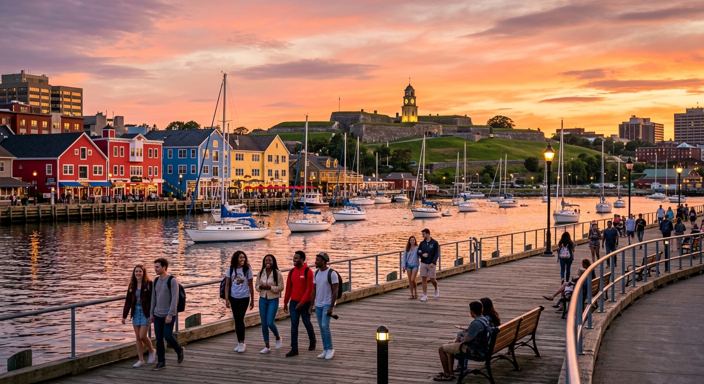 Halifax waterfront boardwalk at sunset with colourful buildings, sailboats in the harbour, historic Citadel Hill in the background, and students walking along the promenade