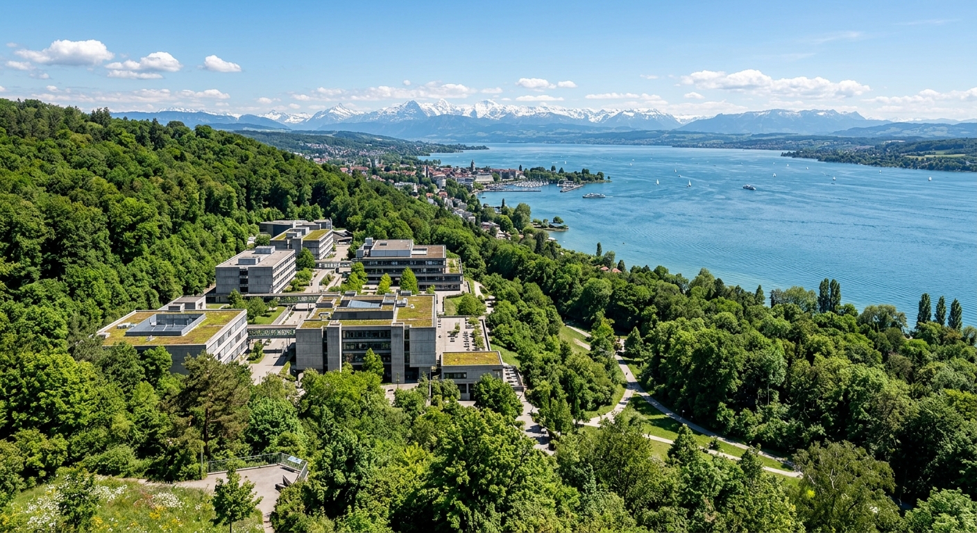 University of Konstanz modern campus buildings nestled on the Giessberg hillside with lush green Mainau forest, Lake Constance visible in the background, Swiss Alps on the horizon, bright daylight