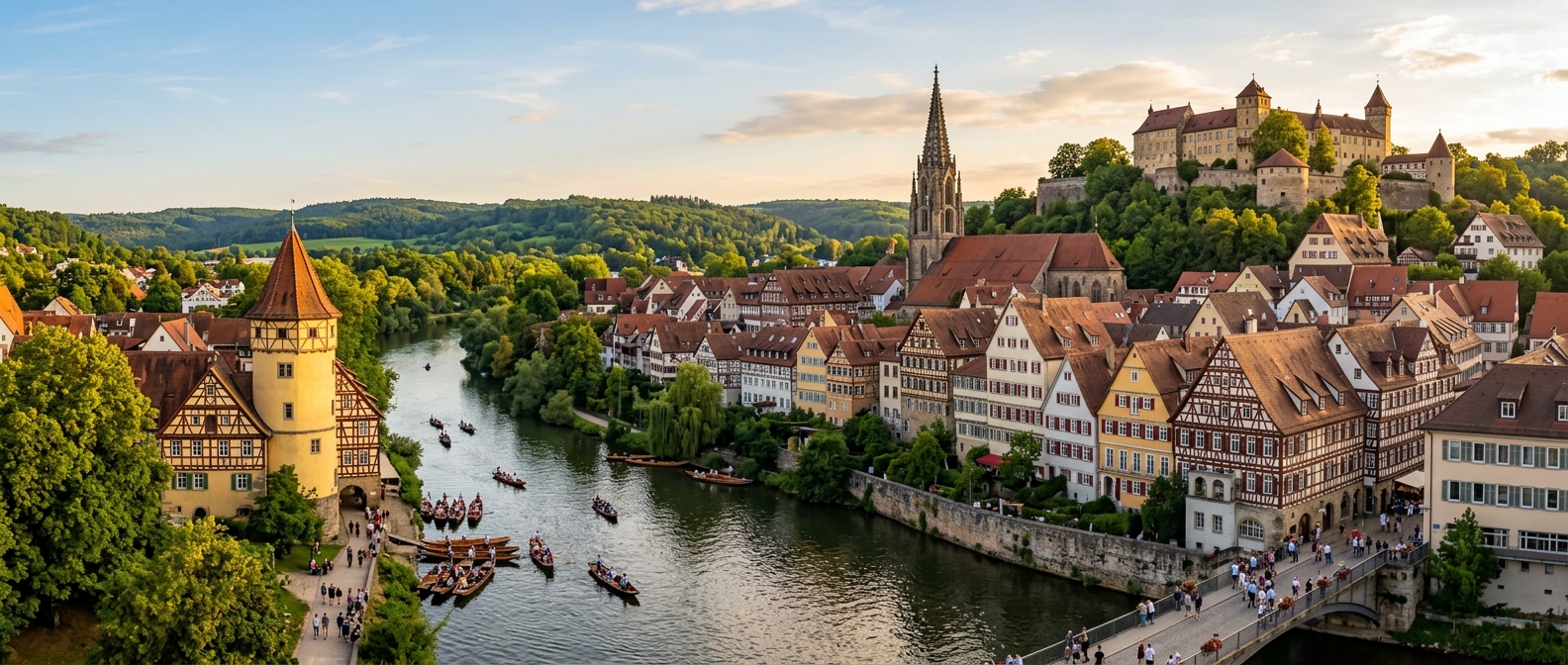 Panoramic view of University of Tübingen old town with Neckar River, Hölderlinturm tower, half-timbered houses, Stiftskirche church spire, and Schloss Hohentübingen castle on the hilltop, lush green hills in background, golden afternoon light