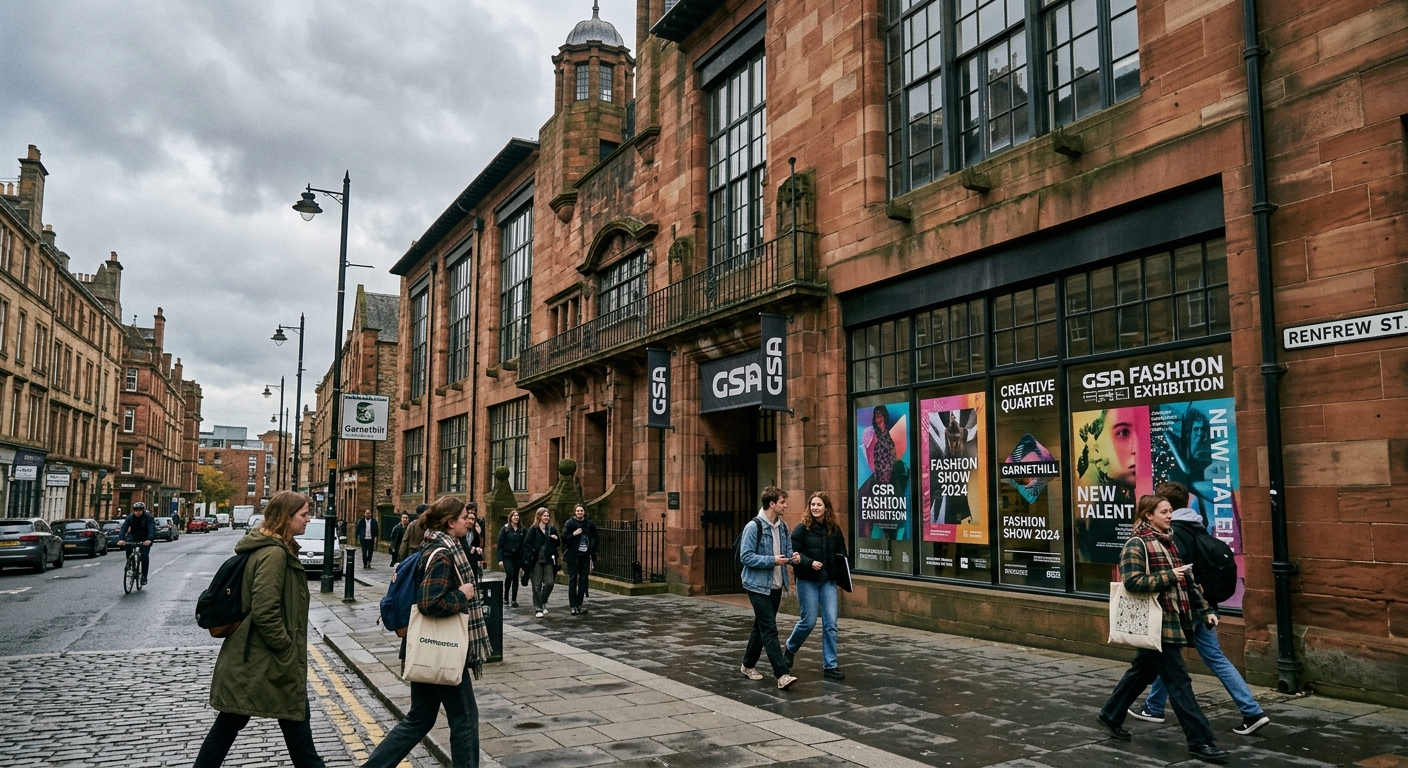 Glasgow School of Art Garnethill campus exterior with historic sandstone architecture, students walking through the creative quarter of Glasgow city centre, fashion exhibition posters visible in windows, overcast Scottish sky