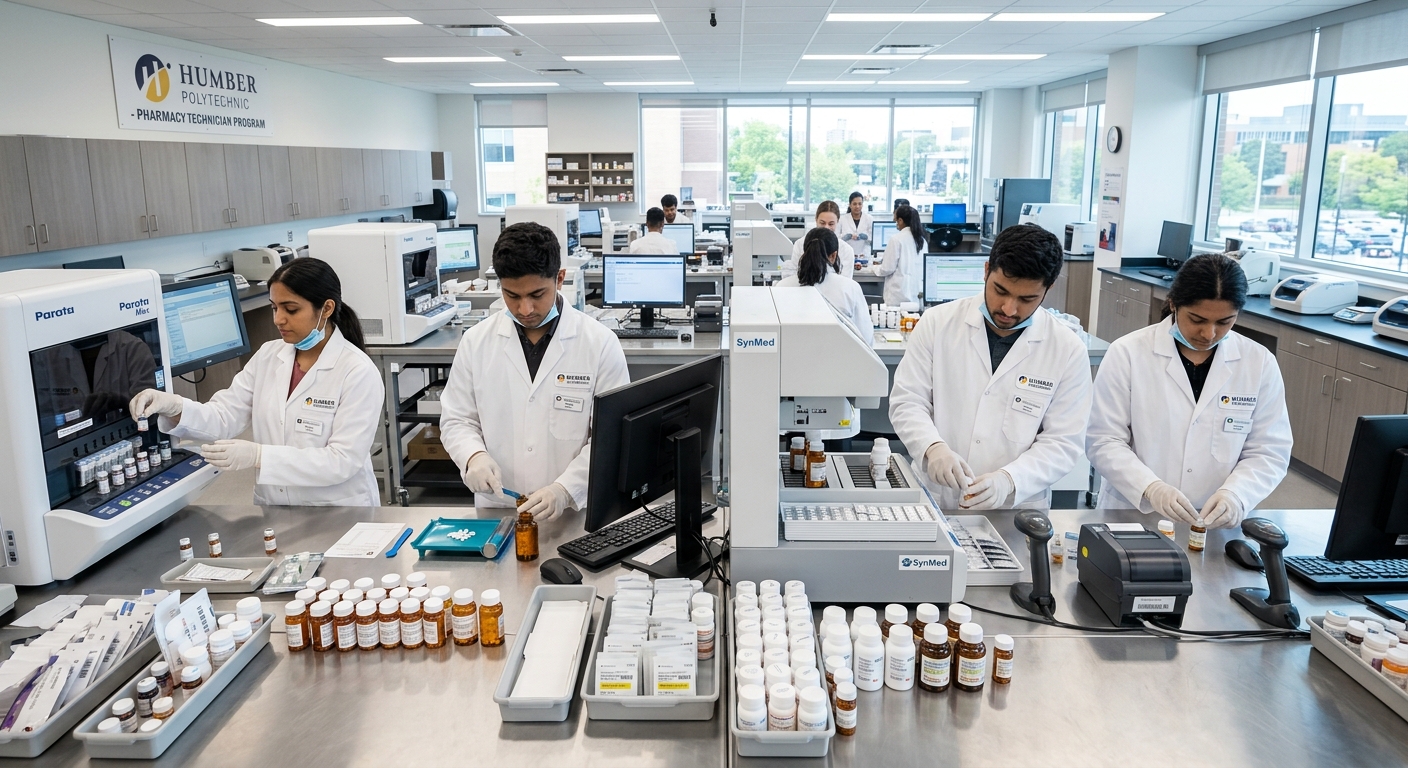 Modern pharmacy technician laboratory at Humber Polytechnic in Toronto, students in white lab coats working with prescription dispensing equipment, medication vials and automated packaging systems on counters, bright clinical lighting