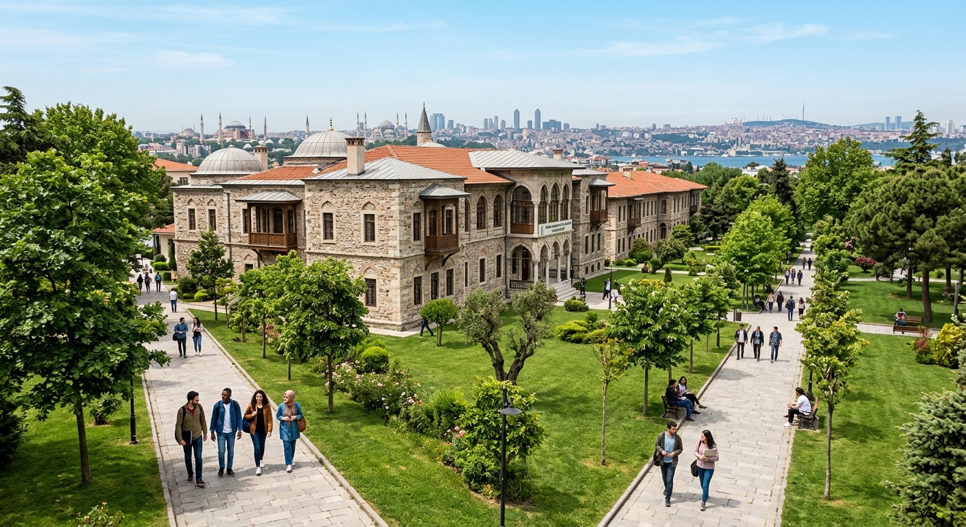 Historic Halkalı campus of İstanbul Sabahattin Zaim University with Ottoman-era stone buildings surrounded by green lawns, students walking along tree-lined paths, Istanbul skyline in the background under a clear blue sky