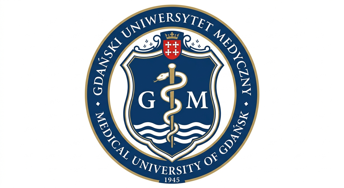 Medical University of Gdansk official logo, blue and white shield emblem with serpent and staff of Asclepius, university name in Polish and English