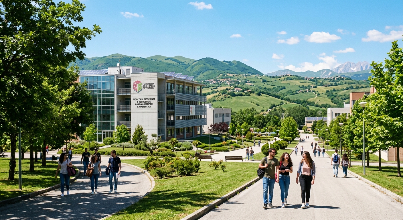 University of Teramo Campus Aurelio Saliceti with modern bioscience laboratory building, green Abruzzo hills in background, students walking along tree-lined pathways under clear Italian sky