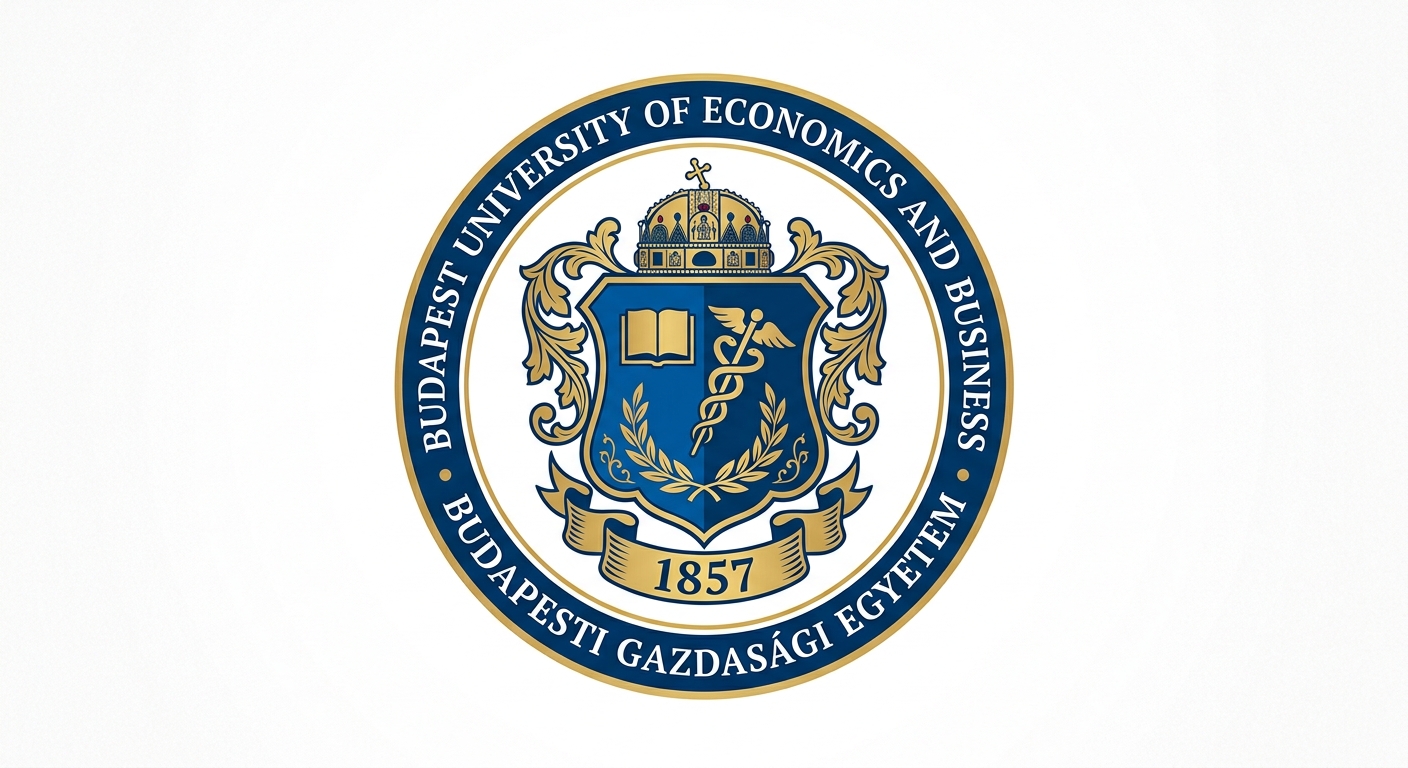Budapest University of Economics and Business official logo, coat of arms featuring the year 1857, blue and gold university emblem on white background