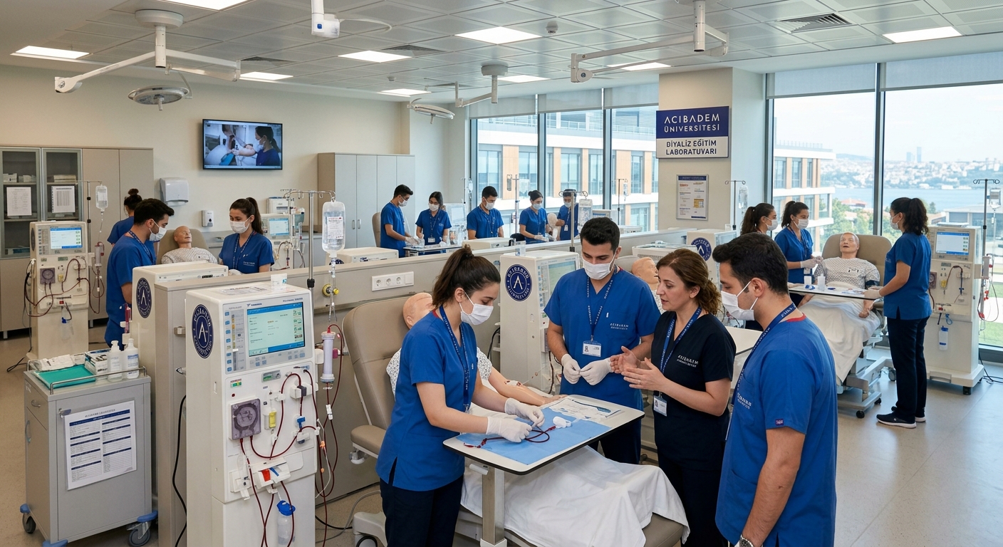 Modern dialysis training laboratory at Acıbadem University with students practicing on dialysis machines, clinical simulation equipment, bright hospital-style lighting, Istanbul campus setting