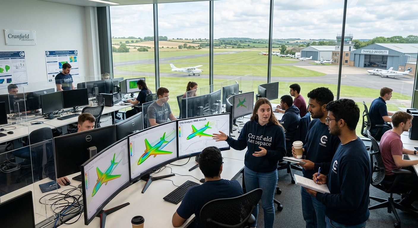 Cranfield University campus with modern aerospace engineering facilities, computational lab with high-performance workstations, students analyzing CFD simulations on large screens, English countryside setting with historic airfield in background