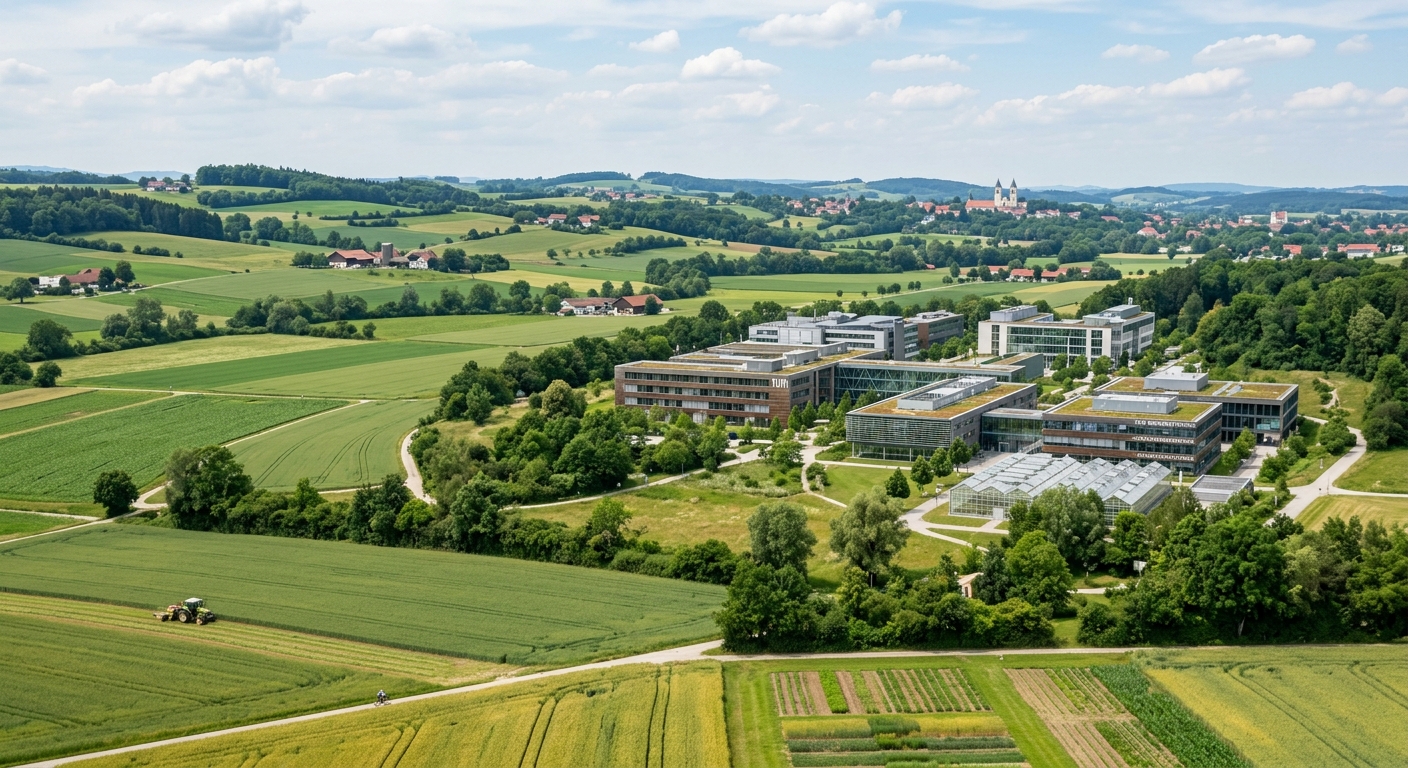 TUM Weihenstephan campus in Freising, green rolling hills, agricultural research fields, modern laboratory buildings surrounded by nature, Bavarian countryside setting