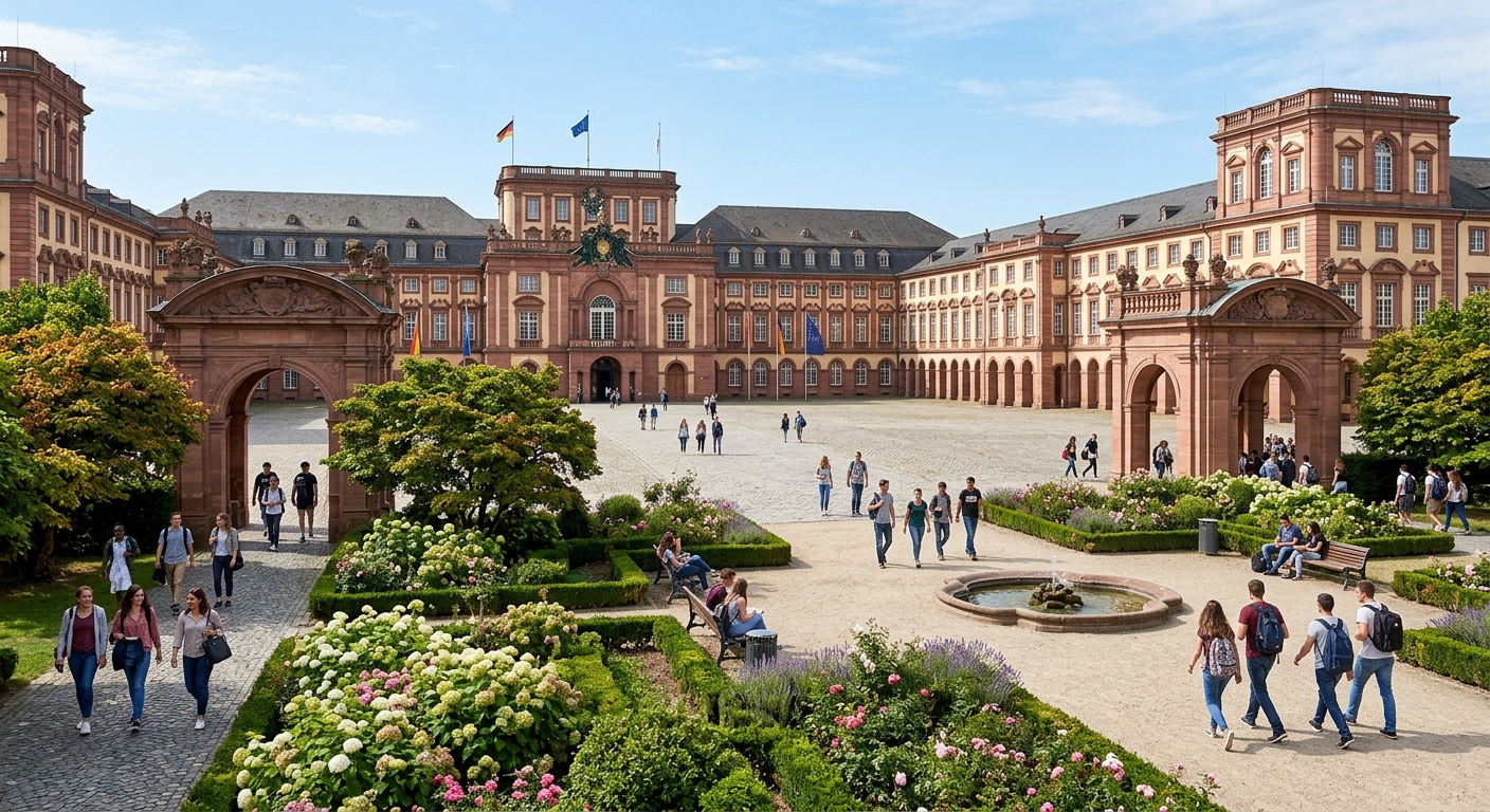 Baroque Mannheim Palace with its grand courtyard, University of Mannheim campus, students walking through historic archways under a clear blue sky, lush green gardens in the foreground