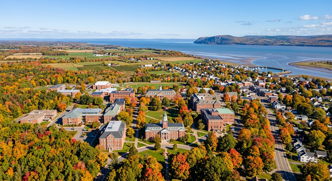 Aerial view of Acadia University campus in Wolfville Nova Scotia, historic brick buildings surrounded by autumn foliage, Annapolis Valley and Bay of Fundy visible in background, clear blue sky