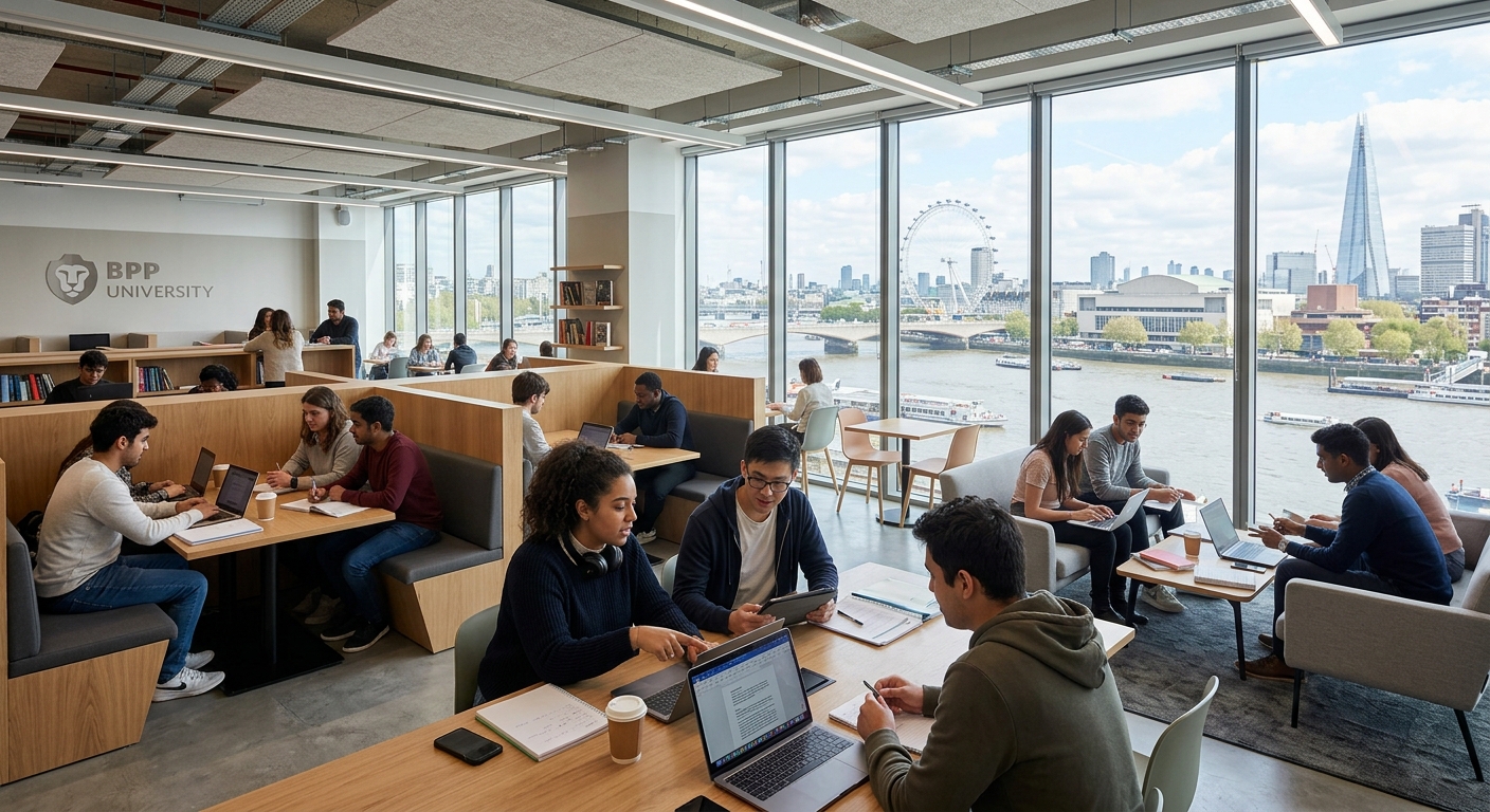 BPP University Waterloo campus, contemporary open-plan learning environment, floor-to-ceiling windows overlooking London South Bank, collaborative workspaces
