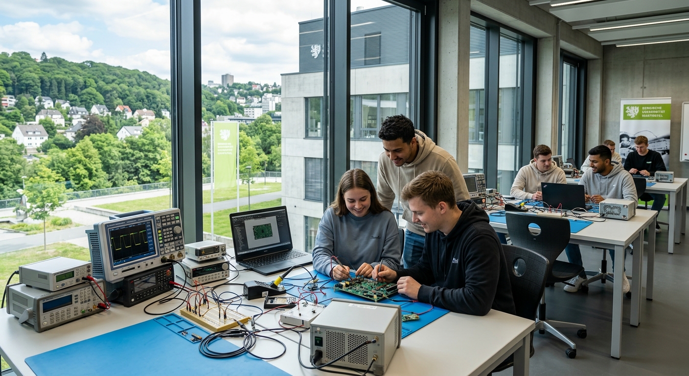 Modern electrical engineering laboratory at University of Wuppertal with students working on circuit boards and oscilloscopes, industrial campus building with green hillside in the background, Wuppertal Germany