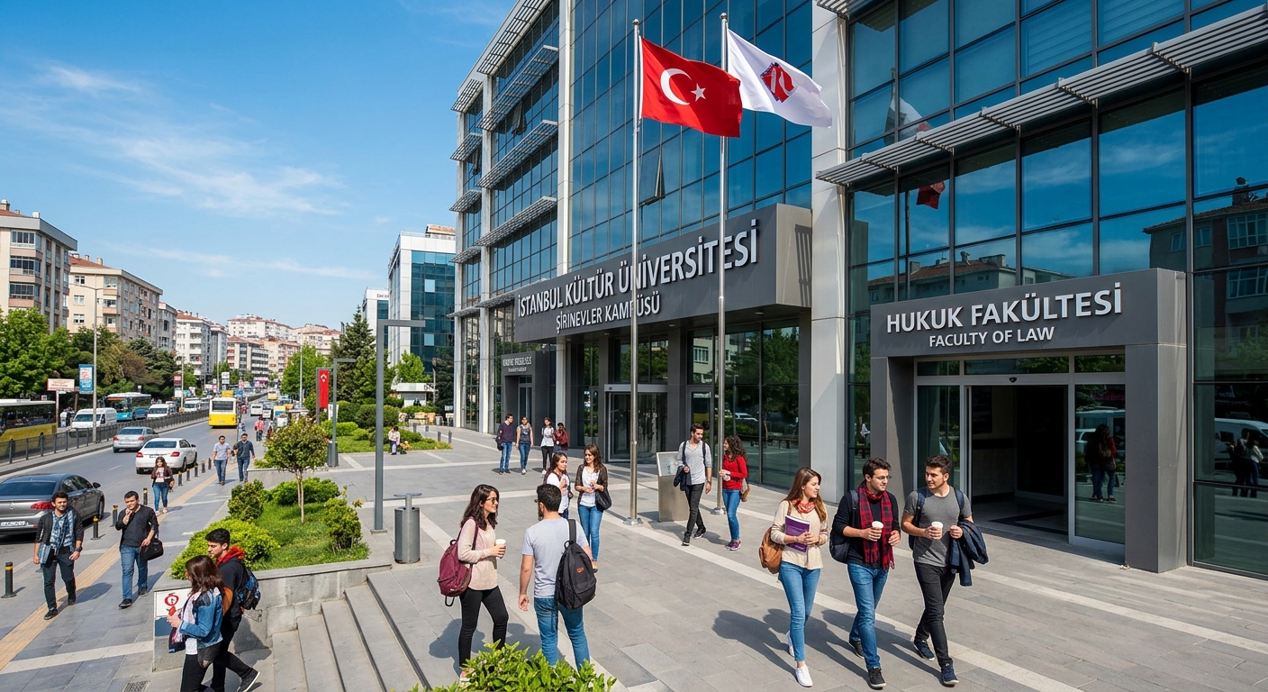 Istanbul Kültür University Şirinevler campus building exterior with modern architecture, students walking near the Faculty of Law entrance, Turkish flag visible, urban Istanbul setting with clear sky