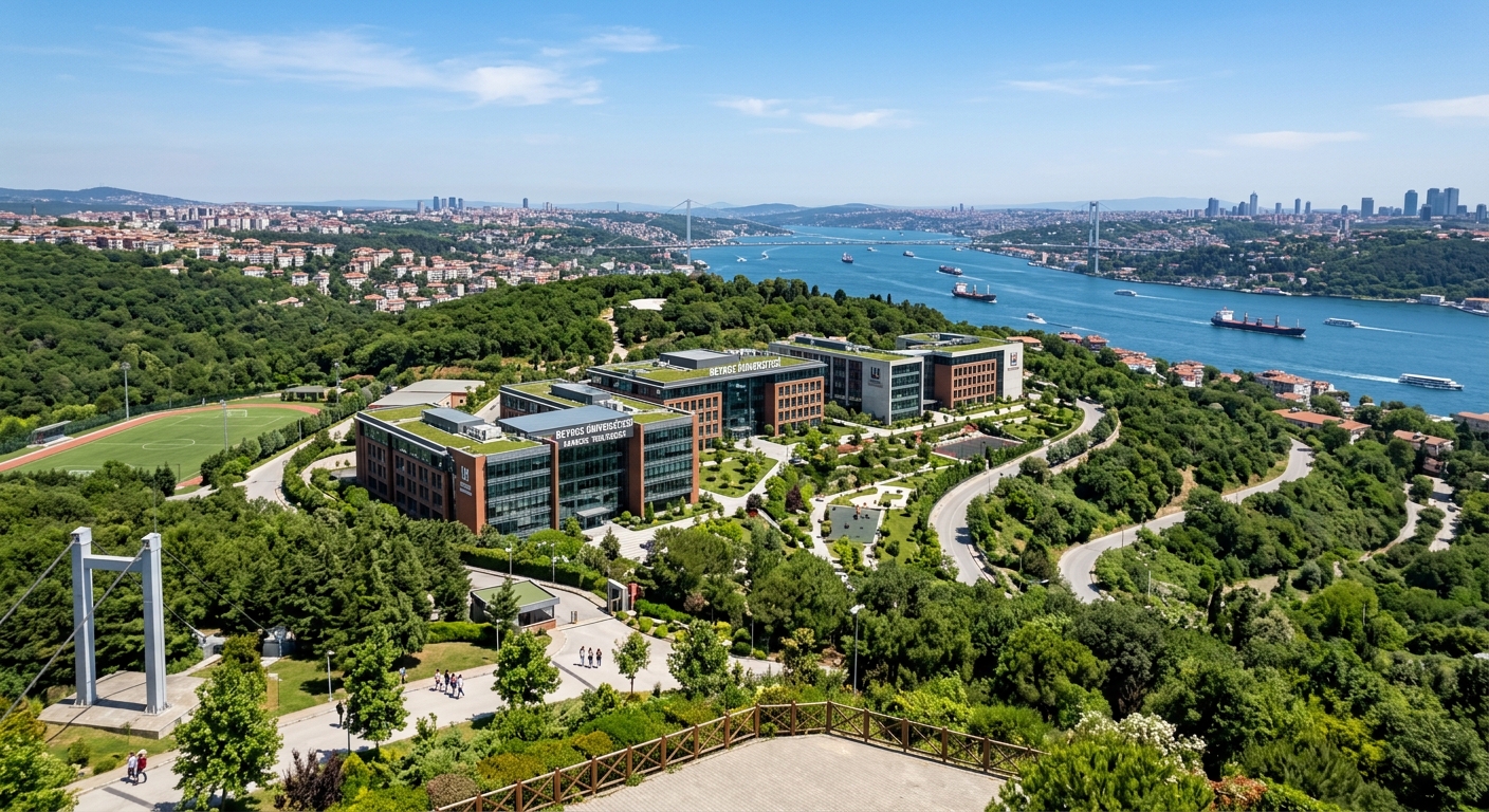 Beykoz University Kavacık campus wide shot, modern university buildings surrounded by lush green hills, Bosphorus strait visible in background, clear blue sky, Istanbul Asian side