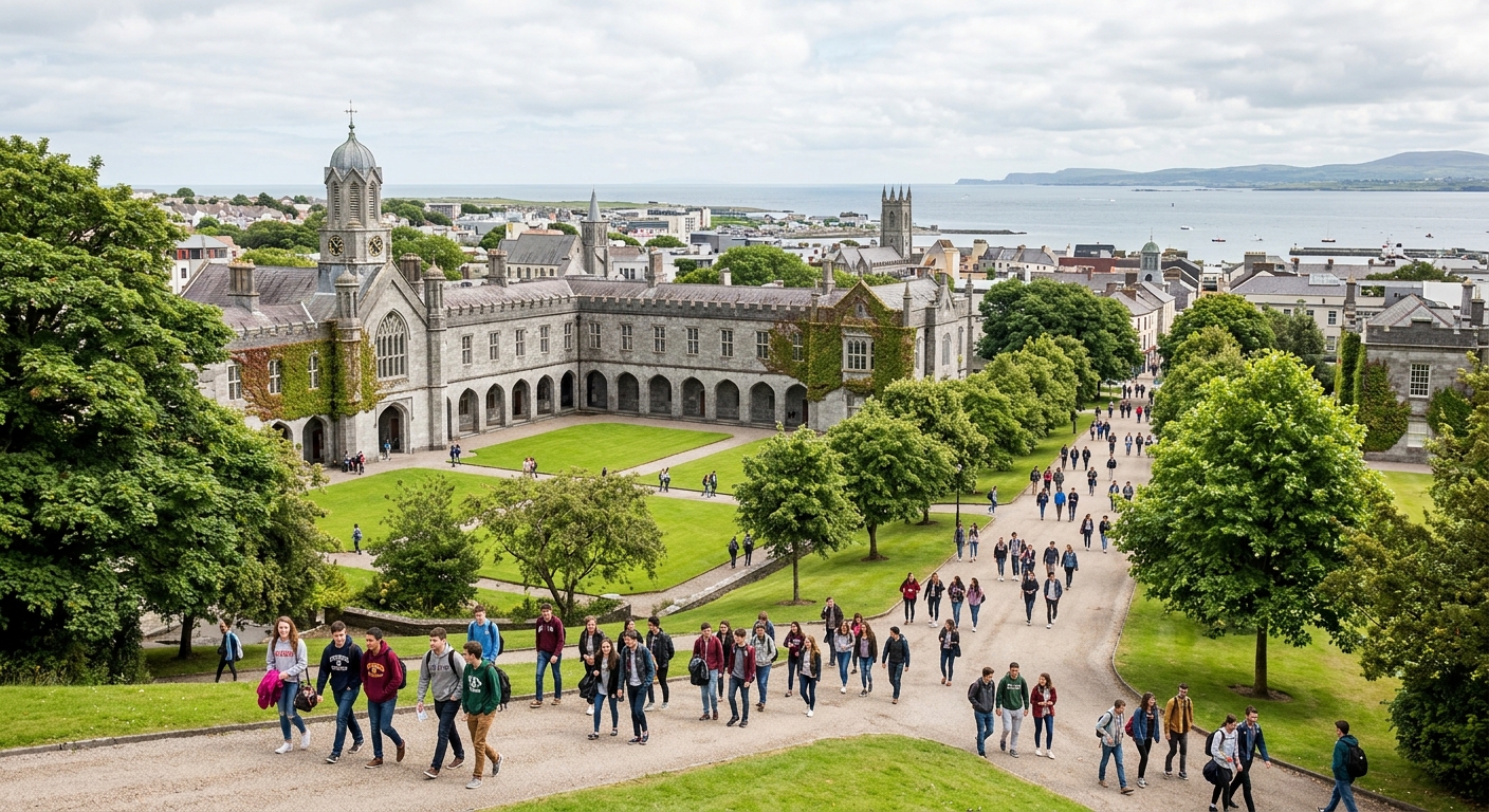 University of Galway campus with historic limestone buildings, green quadrangle, students walking along tree-lined paths, Galway city and Atlantic coast visible in background, bright overcast Irish sky