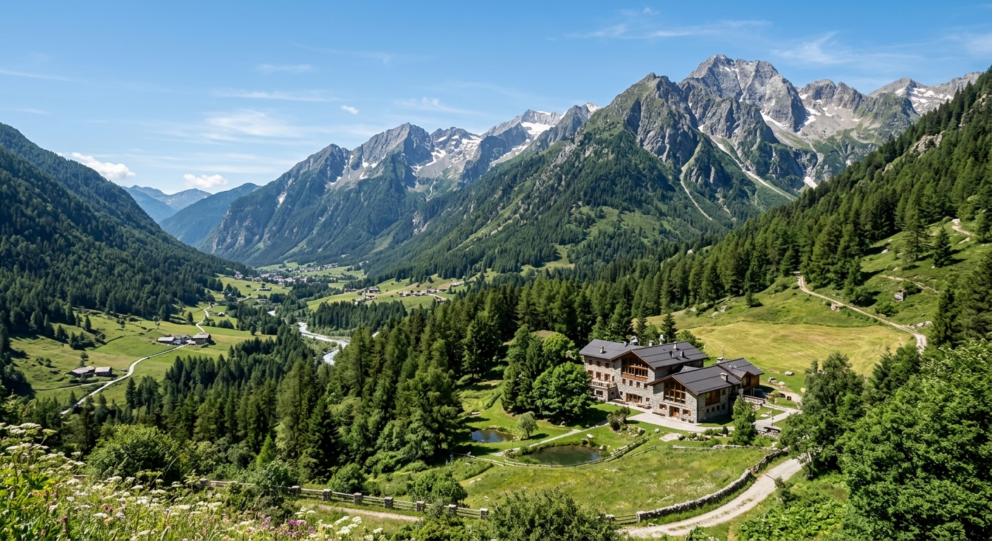 Alpine mountain landscape with lush green valleys and forested slopes in the Italian Central Alps near Edolo, Lombardy, with a small university campus building nestled among the mountains under clear blue sky