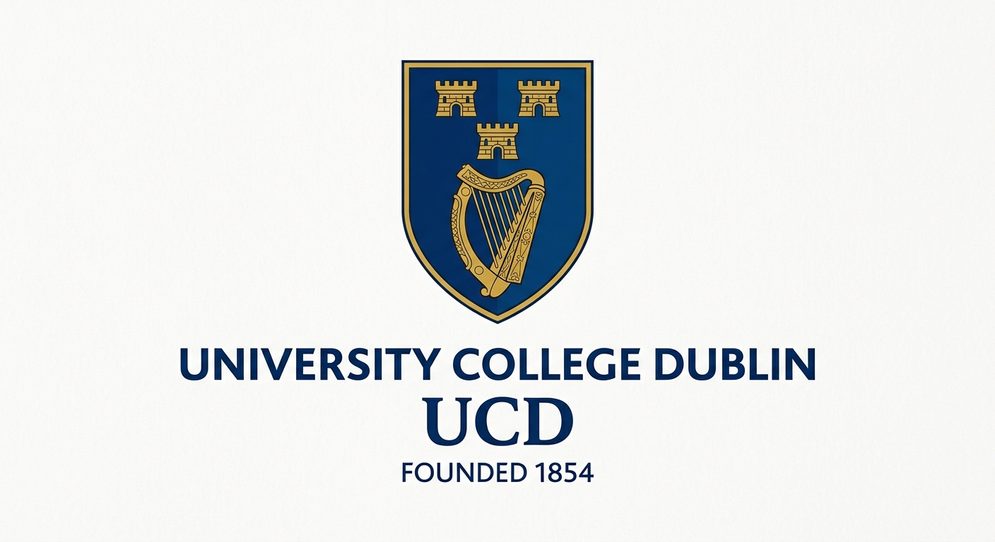 University College Dublin official logo, blue shield crest with harp and three castles, UCD text beneath in navy blue