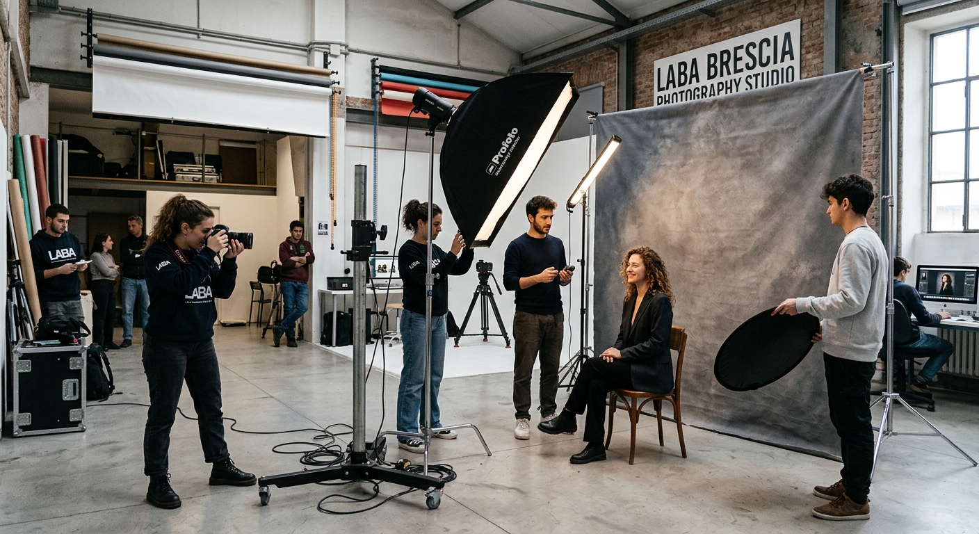 LABA Brescia photography studio with professional lighting setup, backdrop systems, and students conducting a portrait session in a spacious creative environment