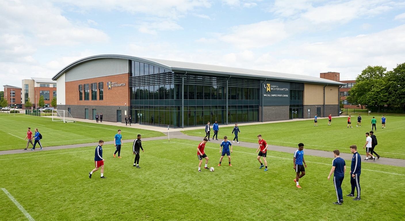 University of Wolverhampton Walsall Campus, modern sports centre building, green playing fields, students in sports attire, bright daylight