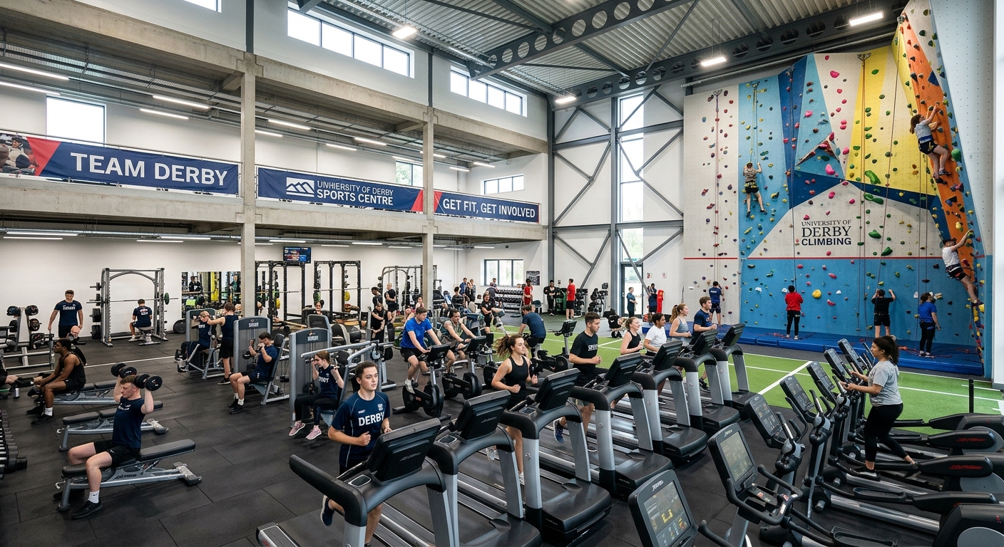 University of Derby Sports Centre interior, modern gym equipment, climbing wall, students exercising, bright well-lit fitness facility