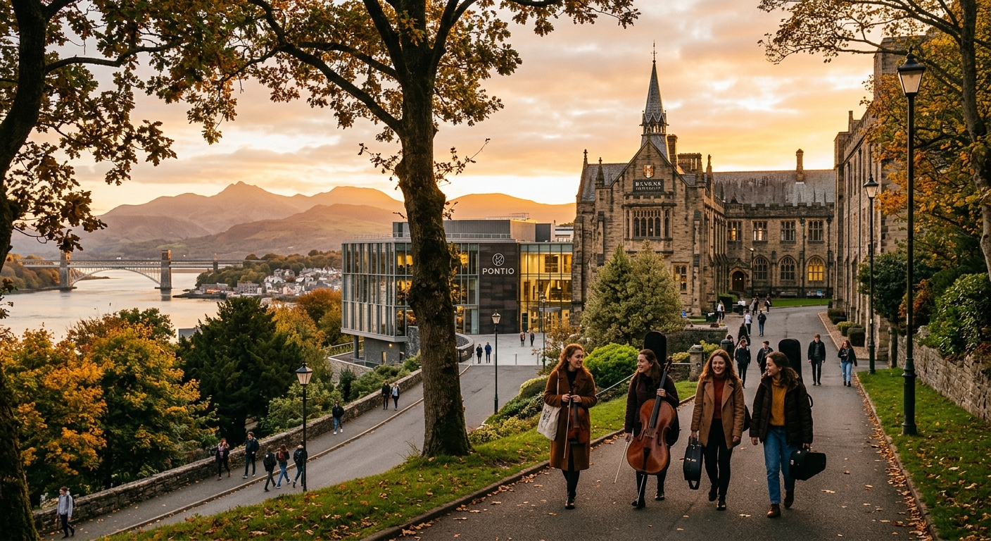 Historic Bangor University campus with Pontio Arts and Innovation Centre, music students carrying instruments walking along tree-lined paths with Snowdonia mountains and Menai Strait visible in the background, warm golden hour lighting