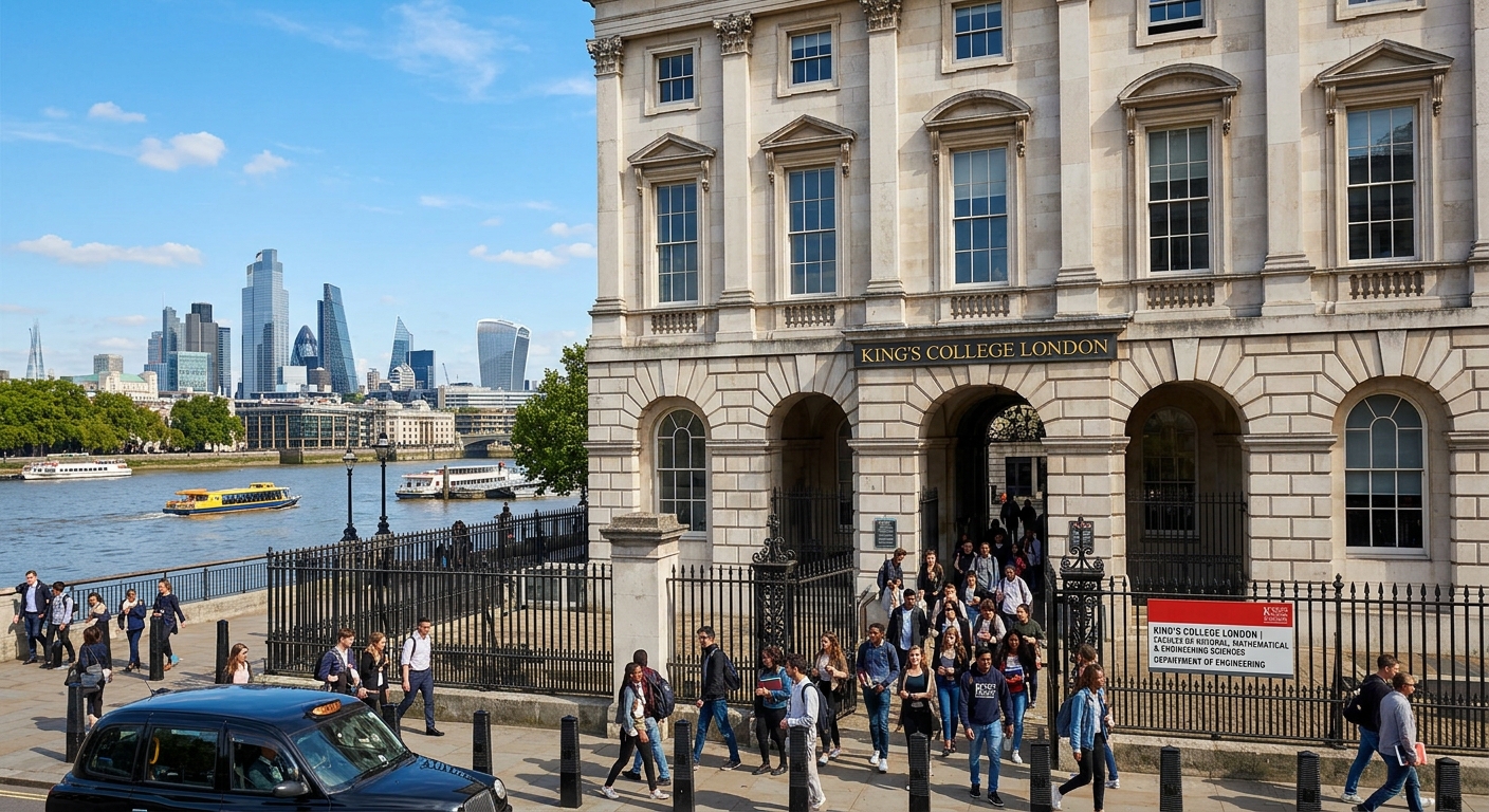 King's College London Strand Campus historic building along the River Thames, students walking through the entrance, blue sky with modern London skyline in the background, engineering department signage visible