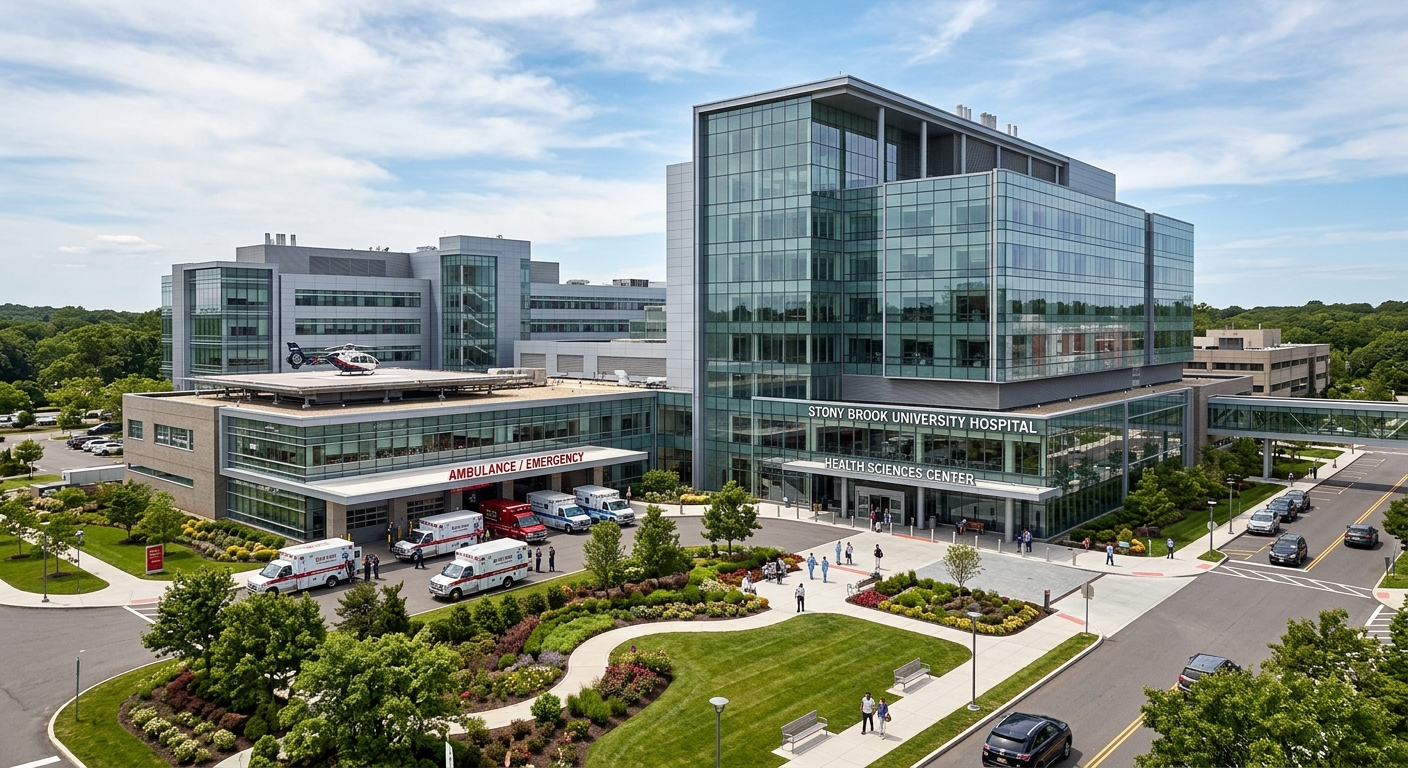 Stony Brook University Hospital and Health Sciences Center, large modern medical complex with glass and steel architecture, ambulance bay visible, landscaped grounds