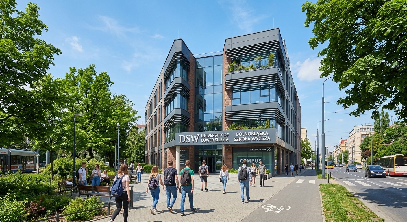DSW University of Lower Silesia campus building on Strzegomska Street in Wroclaw Poland, modern academic building with green trees, students walking, European urban setting with clear sky