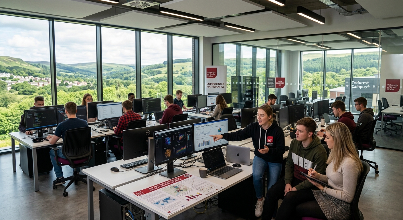 Modern university campus at University of South Wales Treforest, featuring contemporary computing laboratories with students working on data analytics projects, green Welsh valleys visible through large windows, bright and professional academic setting