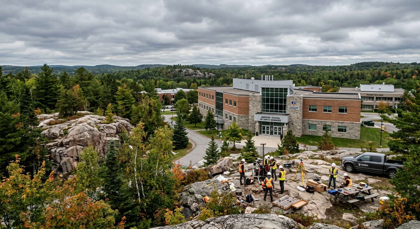 Laurentian University campus in Sudbury Ontario surrounded by Canadian Shield rock formations and boreal forest, with the Harquail School of Earth Sciences building and geological field equipment visible, overcast northern sky