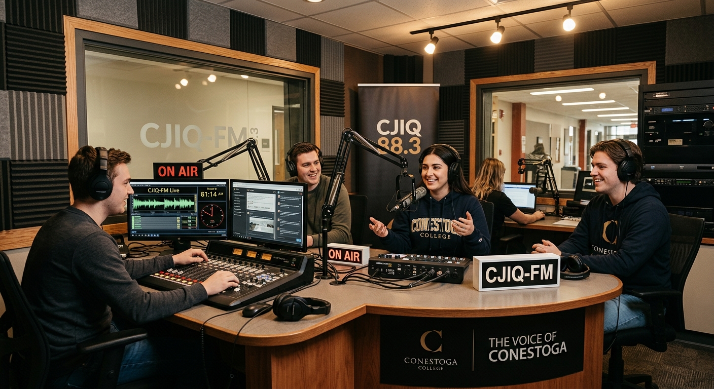 Modern radio broadcasting studio at Conestoga College with professional microphones, mixing console, soundproof panels, and students practicing live on-air shifts, warm studio lighting