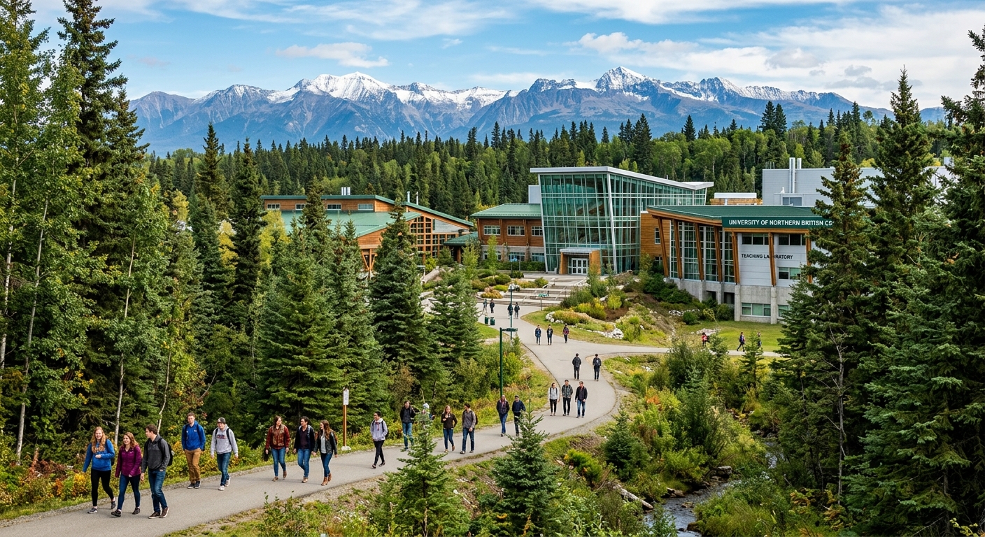 University of Northern British Columbia campus in Prince George surrounded by boreal forest, with modern academic buildings against a backdrop of northern mountains and evergreen trees, students walking on pathways in a natural setting