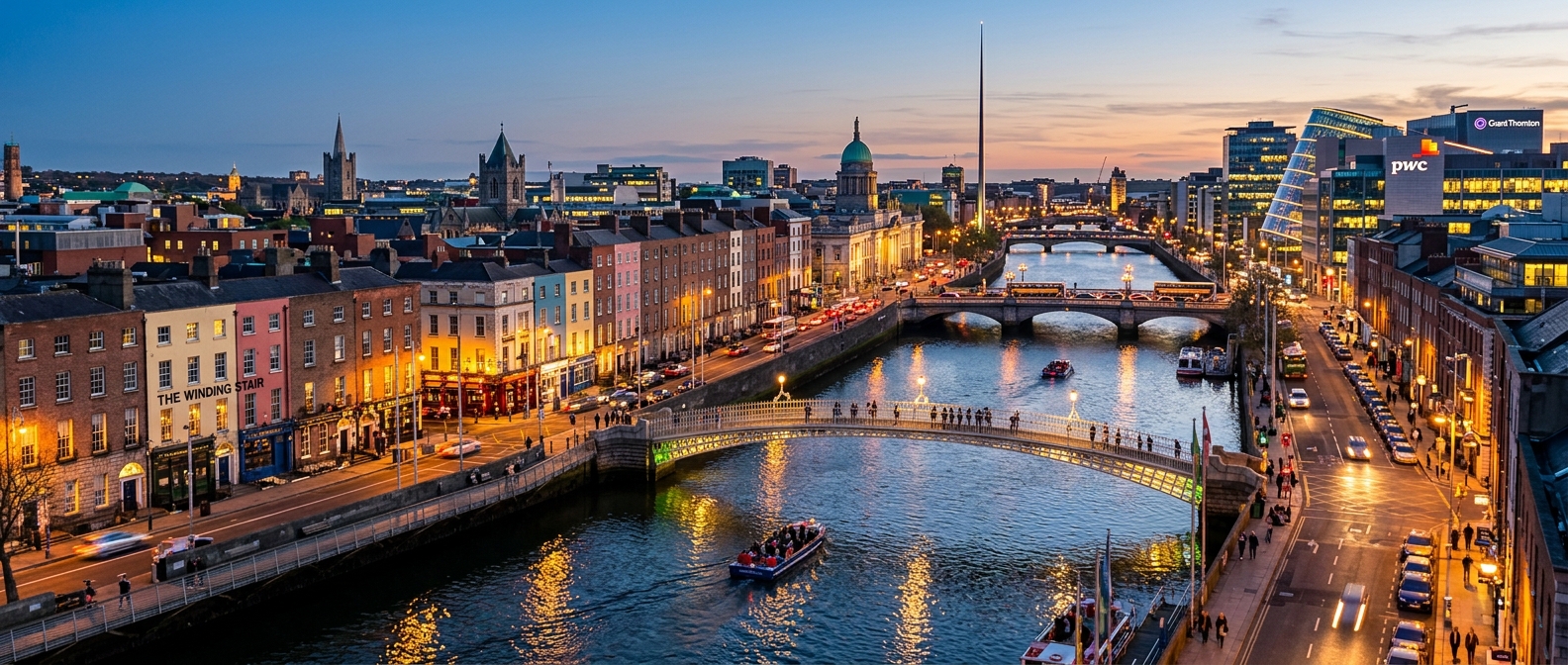 Dublin city skyline panorama showing the River Liffey, Ha'penny Bridge, Georgian architecture, modern IFSC buildings, vibrant evening atmosphere with warm lights