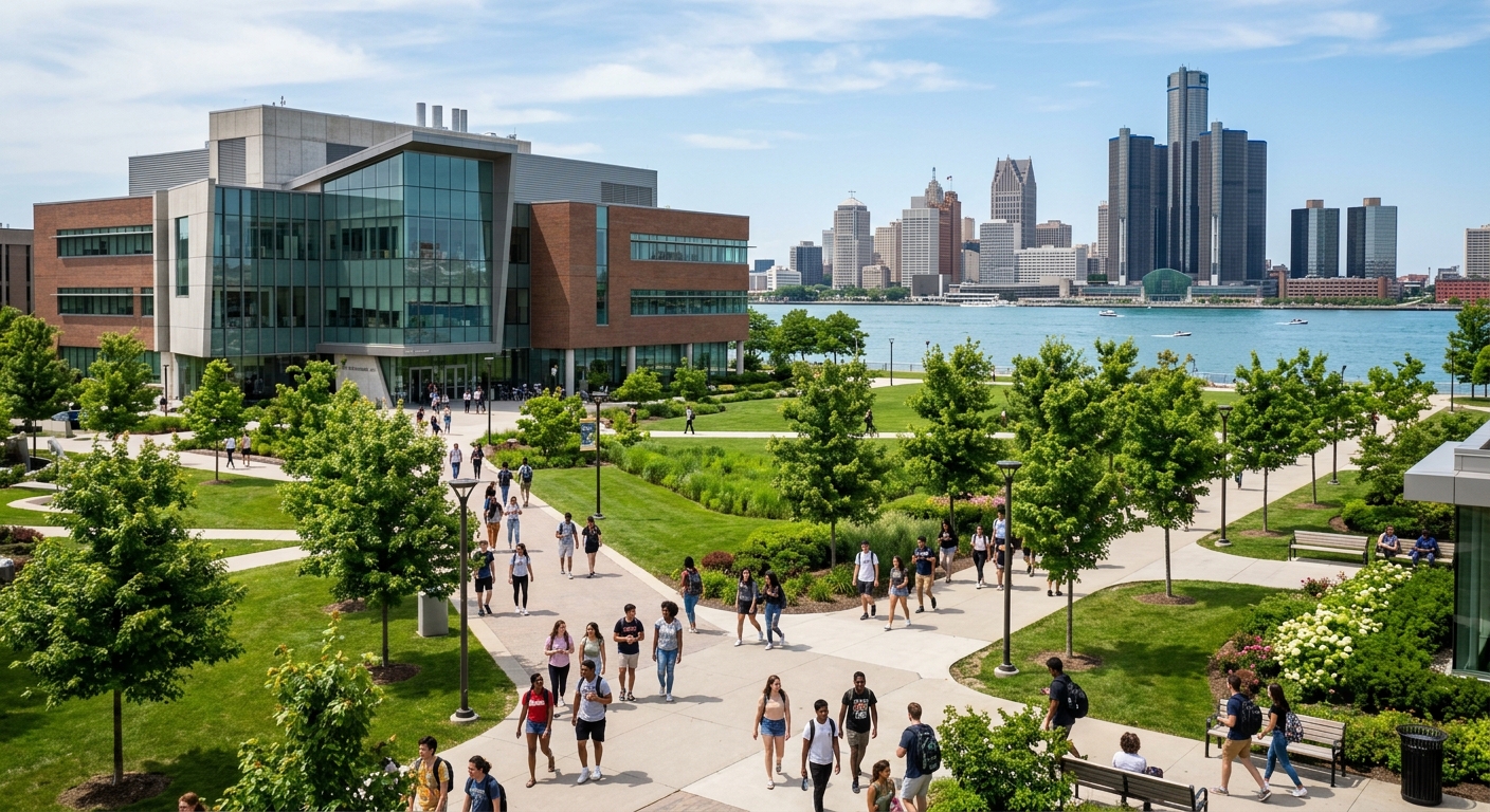 University of Windsor campus with modern science building, green lawns, and the Detroit River skyline in the background, students walking along tree-lined pathways on a sunny day